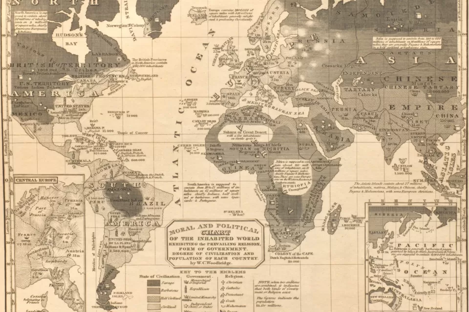 “Moral & Political Chart of the inhabited world: Exhibiting the Prevailing Religion, form of government, degree of civilization, and Population of each country.” In Woodbridge’s School Atlas, 1831.
